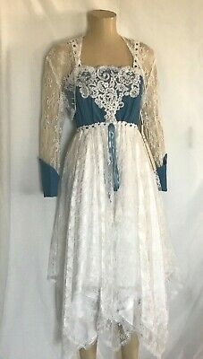 Victorian Cowgirl Blue Denim and White Lace Empire Dress with Bolero, Size 10 | eBay Fitted White Vintage Dress For Fall, Blue Vintage Dress For Spring Wedding, Elegant Homewear, Victorian Cowgirl, Denim Wedding Dresses, Victorian Steampunk Wedding, Victorian Style Wedding Dress, Lace Bolero Jacket, Dress With Bolero