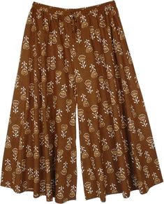 A bohemian streetwear cotton palazzo pants in a charming brown floral print.  These pants have a wide-leg style construction that gives them an extra flowy look. #tlb #SplitSkirtsPants #XLPlus #Printed #bohemianfashion #plussizecottonpants #plussizehippieclothing Flowy Cotton Maxi Bottoms, Hippie Style Wide Leg Brown Bottoms, Brown Wide Leg Hippie Bottoms, Summer Brown Wide Leg Full Length Pants, Summer Brown Wide Leg Pants, Brown Wide Leg Pants For Summer, Hippie Style Brown Bottoms For Spring, Bohemian Brown Wide Leg Pants For Spring, Bohemian Wide Leg Floral Print Cotton Pants