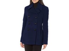 Calvin Klein Double Breasted Peacoat - Women's Coat : IND : Elevate your professional style in the Calvin Klein Double Breasted Peacoat. The lightweight coat with princess seaming features a notched lapel and front slash pockets that create an effortless look. Structured shoulders and long sleeve construction. Front seaming detail for shaped fit, notch lapel collar, and three-button front closure. Back vent for comfort and fit. Luxe stretch season-less fabric. 70% wool, 20% nylon, 10% cashmere. Solid Pea Coat With Double Button Closure For Office, Solid Collared Pea Coat For Work, Fitted Long Pea Coat In Solid Color, Fitted Solid Color Long Pea Coat, Solid Pea Coat With Double Button Closure For Work, Pea Coat With Double Button Closure For Workwear, Pea Coat For Workwear With Double Button Closure, Solid Wool Coat With Double Button Closure For Work, Workwear Wool Coat With Buttons