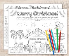 a christmas coloring book with the words merry christmas on it and two pencils next to it