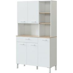 a white cabinet with drawers and cupboards on it's sides, against a white background