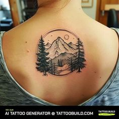 a woman's upper back tattoo with mountains and trees in the middle, on her left shoulder