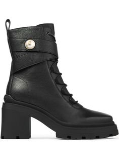 black calf leather gold-tone hardware front lace-up fastening side zip fastening square toe ankle-length high block heel Combat Boot Heels, Plain Fashion, Jimmy Choo Boots, Boot Heels, Combat Boots Style, Fair Outfits, Boot Design, Leather Biker Boots, Shoes Boots Ankle