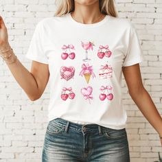 Step into your soft girl era with this dreamy Pink Coquette Shirt! 🍒🎀 Featuring an adorable collage of pink bows, cherries, cakes, pastries, lollipops, and icecream, this tee is the ultimate expression of girly coquette aesthetic.  Whether you're embracing the coquette lifestyle or just love cute, feminine fashion, this shirt is your new go-to.  Perfect for casual outings, brunch dates, or simply radiating sweet, flirty vibes. This pink coquette shirt is a must-have for any wardrobe and makes an ideal gift for the special women in your life--best friends, sisters, or even yourself! Crafted for comfort and style, this soft girl aesthetic tee pairs effortlessly with your favorite jeans or a flowy skirt, making it a versatile piece for any occasion. **FRONT PRINT ONLY** SIZING GUIDE: 🎀 Fit Coquette Lifestyle, Coquette Cherry, Aesthetic Tshirt, Soft Girl Era, Coquette Shirt, Girly Coquette, Chemise Rose, Shirt Coquette, Brunch Dates