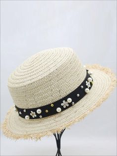 Every trendsetting 'lil fashionista must have one of these straw hats to top off her pretty spring outfits! It's guaranteed to make her look chic and oh-so-adorable. Well, even more adorable than she already is *heart eyes*. The flower pearl band along the trim and the unfinished edge are all the dainty deets that make Pretty Spring Outfits, Denim And Pearls, Pearl Beach, Straw Hats, Heart Eyes, Hat Band, Girl With Hat, Girls Bags, Flower Fashion