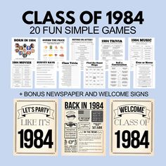 a poster with the words class of 1994 and two different types of games on it