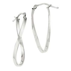 Daze your style with these twisted design hoop earrings crafted in 10 karat white gold. These 27.6x10.59mm hoop earrings are secured with wire and clutch closures. Change the look of any outfit instantly with these eye-catching earrings. Metal Weight: 1.11 grams Jewelry Type: Fine Earring Type: Twisted Hoop Earrings Gender: Women's Closure: Saddleback Metal: Gold Gold Karat: 10 Karat Metal Color: White Dimensions: 27.6mm x 10.59mm, 2.2mm thick Lightweight Your item arrives in a complimentary gre Sterling Silver Hoop Jewelry With A Modern Twist, Modern Twist Sterling Silver Hoop Jewelry, White Gold Hoop Earrings With Modern Twist, Modern Twist White Gold Hoop Earrings As Gift, Modern Twisted Jewelry For Everyday, Silver Hoop Earrings With A Modern Twist, Modern Twist Silver Hoop Jewelry, Modern Twisted Jewelry For Anniversary, Modern Twist Hypoallergenic Hoop Earrings