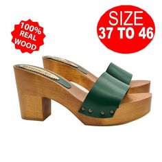 Green, light and chic clogs! Choose our clogs for optimal comfort and a unique style! Brown wooden base clogs Green leather band Heel height 9 cm and plateau 3 cm Stable and comfortable made entirely in ITALY. Craftsmanship. BEFORE COMPLETING YOUR PURCHASE DO NOT FORGET TO CHECK THE SIZE! Length along the curve: 37 EU = 6 US = UK 5 = 24.50 CM + WIDTH 8 CM 38 EU = 7 US = UK5.5 = 25.00 CM + WIDTH 8 CM 39 EU = 8 US = UK 6 = 26.00 CM + WIDTH 8 CM 40 EU = 9 US = UK6.5 = 26.50 CM + WIDTH 8.5 CM 41 EU Green Mules With Leather Sole For Spring, Green Leather Sole Mules For Spring, Spring Green Mules With Leather Sole, Green Open Toe Mules With Leather Sole, Casual Summer Mules With Reinforced Heel, Green Slip-on Mules With Removable Insole, Green Round Toe Mules For Beach, Green Round Toe Mules For The Beach, Green Round Toe Platform Mules