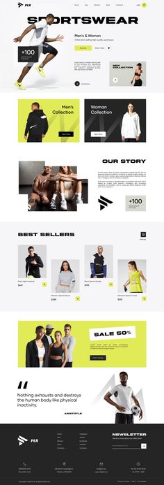 the website design for sportwear is shown in black and white, with yellow accents