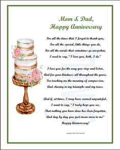 a card with an image of a wedding cake on it and the words mom and dad, happy anniversary