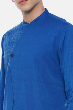 Shop for Mayank Modi - Men Blue Malai Cotton Overlap Kurta Set for Men Online at Aza Fashions Kurta Set For Men, Boys Kurta, Embroidered Motifs, Churidar, Kurta Set, Aza Fashion, Long Sleeve Tshirt Men, Color Blue, Sleeve Length