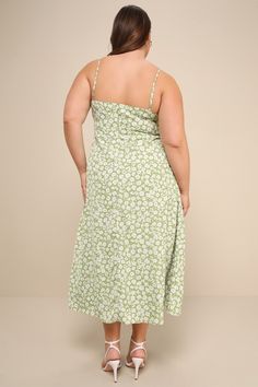 For the ultimate chic choice, choose the Lulus X LUSH Timeless Touch Green Floral Print A-Line Midi Dress! Light and breezy, green and white ditsy floral print woven fabric adds retro appeal to this classic sundress with adjustable skinny straps, a ruffle-trimmed neckline, and a button-front bodice with a ruched, set-in waist. A-line midi skirt finishes off this closet essential. Hidden back zipper/clasp. Fit: This garment fits true to size. Length: Mid-calf length. Size medium measures 42.5" fr Green Printed Midi Dress For Garden Party, Garden Party Green Printed Midi Dress, Spring Green Printed Midi Dress, Green Floral Print Midi Dress, Green Floral Midi Sundress, Green Floral Sundress For Brunch, Green Floral Knee-length Dress For Day Out, Green Knee-length Floral Dress For Day Out, Green Maxi Dress With Ditsy Floral Print For Spring