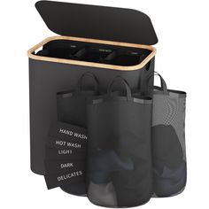 three bags with labels on them are shown in front of an open box that says hand wash, hot wash, light dark deplaces