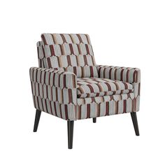 an upholstered chair with striped fabric on the back and legs, sitting against a white background