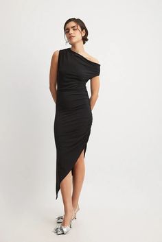 Asymmetric Hem Midi Dress Black | NA-KD Stretch Asymmetrical Midi Dress For Date Night, Ruched Elastane Midi Bodycon Dress, Date Night Asymmetrical Stretch Midi Dress, Ruched Midi Dress For Date Night, Asymmetrical Elastane Midi Dress For Night Out, Asymmetrical Ruched Maxi Dress For Night Out, One-shoulder Ruched Midi Dress, Black Ruched Midi Dress In Elastane, One Shoulder Ruched Midi Dress In Elastane