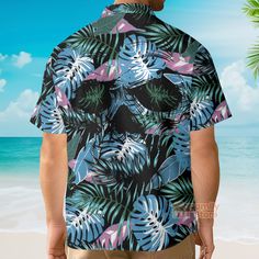 This custom Hawaiian shirt is a great gift idea, as well as a loose and comfy outfit that will keep you cool during the hot summer months. Coming up with a surprise for your loved ones is up to you. This present is appropriate for any occasion, and the receivers will surely love it! Product details: Material: Polyester fabric Feature: Featuring a spread collar, printed pattern all over the shirt, a front button fastening, short sleeves and a relaxed shape. The design is printed with new age prin Casual Summer Shirt With Skull Print, Black Tropical Camp Shirt With Graphic Print, Black Tropical Shirt With Graphic Print, Summer Skull Print Relaxed Fit Shirt, Black Skull Print Shirt For Summer, Skull Print Cotton Beach Tops, Cotton Beach Tops With Skull Print, Summer Skull Print Streetwear Shirt, Summer Skull Print Shirt For Streetwear