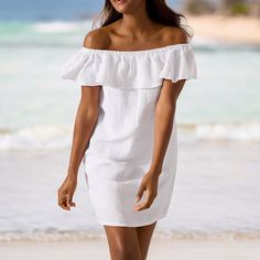 Soak Up The Sun In This Off-The-Shoulder Coverup Dress, Crafted From A Lightweight, Floaty Linen Blend That Offers Effortless Movement With Its Feminine Ruffled Neckline. 52% Linen, 48% Viscose Pockets. Soft Linen-Blend Fabric Resists Wrinkles For Easy Packing. Can Be Worn On Or Off The Shoulder. Fully Lined. Vacation Linen Wedding Cruise Feminine Versatile Preppy Elegant Off-shoulder Summer Beach Dress, Elegant Off Shoulder Beach Dress For Summer, Elegant Off-shoulder Dress For Summer Beach, Elegant Off Shoulder Dress For Summer Beach, Fitted Off Shoulder Dress With Short Sleeves For Vacation, Spring Beach Off Shoulder Dress With Short Sleeves, White Off Shoulder Dress With Short Sleeves, Off Shoulder Short Sleeve Dress For Summer Beach, Summer Off Shoulder Dress With Short Sleeves For Beach