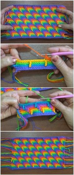 two pictures show how to crochet the same stitch on each side of the yarn