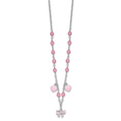 Rhodium over sterling silver polished children's pink enameled hearts and bow charm necklace with pink crystals. Chain measures approximately 13"L x 1/16"W + 1" Ext., bow charm measures 7/16"L x 3/8"W, heart charm measures 3/8"L x 1/4"W. Comes with spring ring clasp. Valentine's Day Gift Jewelry With Pink Bow, Pink Sterling Silver Charm Necklace With Heart Charm, Pink Sterling Silver Necklace With Heart Charm, Personalized Pink Sterling Silver Jewelry, Valentine's Day Pink Sterling Silver Charm Necklace, Pink Heart-shaped Sterling Silver Charm Necklace, Pink Sterling Silver Necklace With Charms, Mother's Day Pink Sterling Silver Charm Necklace, Pink Heart-shaped Charm Necklace With Lobster Clasp