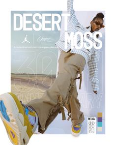 a man with his feet up in the air, wearing sneakers and pants that say desert moss