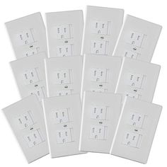 six white electrical outlets are shown in this image