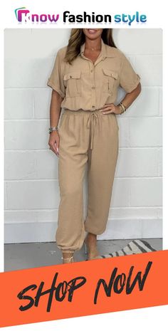 Casual Turndown Collar Short Sleeve Pocket Regular Line Shirt Jumpsuits Khaki Short Sleeve Jumpsuit With Pockets, Casual Khaki Button-up Short Sleeve Shirt, Khaki Short Sleeve Button-up Shirt, Summer Utility Button-up Jumpsuits And Rompers, Utility Cotton Button-up Jumpsuits And Rompers, Jumpsuit Online, Turndown Collar, Casual Jumpsuit, Wholesale Fashion