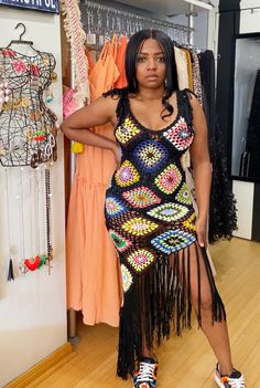 Colorful fringe crochet maxi dress. Runs small. Handmade so patterns may be slightly different. 100% Acrylic We have limited stock on hand. Most online orders won't ship out until 5/23 Multicolor Fringe Summer Dress, Multicolor Fringe Dresses For Summer, Multicolor Fringe Dress For Summer, Multicolor Sleeveless Fringe Dresses, Fitted Crochet Dress With Fringe For Spring, Multicolor Fringe Beach Dress, Multicolor Fringe Dress For Beach, Fitted Multicolor Dresses With Tassels, Fitted Multicolor Dress With Tassels