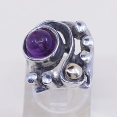 Size 4, vintage handmade two Tone 14K gold bead with sterling 925 silver ring and amethyst, Silver gold tested Unique Cabochon Amethyst Ring, Unique Amethyst Cabochon Ring, Unique Amethyst Collectible Ring, Unique Collectible Amethyst Ring, Unique Round Amethyst Ring For Anniversary, Handmade Amethyst Ring In Yellow Gold, Unique Gold Amethyst Ring, Unique Amethyst Ring For Anniversary, Handmade Gold Amethyst Ring