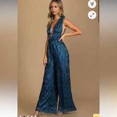 Low-Cut Party Jumpsuit From Lulu’s With A Beautiful Blue Shimmer Metallic Material. Perfect For Holiday Parties, Nye, Concerts (Eras Tour)! Glamorous Blue Jumpsuits And Rompers For Summer, Chic Blue Jumpsuits And Rompers For Party, Chic Blue Jumpsuit For Party, Glamorous Blue Sleeveless Jumpsuits And Rompers, Glamorous Blue Jumpsuits And Rompers For Party, Blue Glamorous Fitted Jumpsuits And Rompers, Blue V-neck Jumpsuit For Party, Blue Jumpsuits And Rompers For Party Season, Sleeveless Jumpsuits And Rompers For Date Night