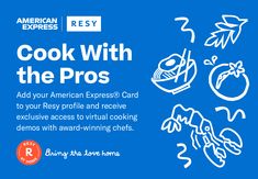 the american express's cook with the pros card is shown in white on a blue background