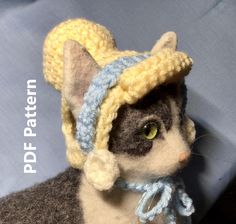 a gray and white cat wearing a knitted hat on top of it's head