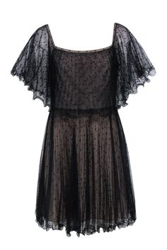 BCBG Max Azria makes this delightful off-the-shoulder mesh dress with a ruffled hem and tonal polka dot pattern. Get ready to dance the night away as the pleated mesh flounce and the skirt creates movement. Slip on this dress and grab your party shoes for a fun night on the town! Size 10 100% Polyester Babydoll silhouette Pleated skirt Mesh overlay at chest Ruffled hem Concealed back sipper Flesh-toned lining Bust 37" Waist 30" Shoulder to hem 31" Sleeve length 10" Chic Swiss Dot Mini Dress For Party, Black Swiss Dot Dresses For Summer, Black Swiss Dot Dress For Summer, Spring Polka Dot Tulle Dress, Party Mini Dress With Swiss Dot Pattern, Party Mini Dress In Polka Dot, Black Swiss Dot Party Dress, Polka Dot Ruffled Evening Dress, Polka Dot Ruffle Dress For Evening