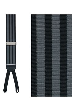 Fine silk and smooth leather elevate handsome suspenders patterned in smart vertical stripes. 1 1/2" width; 33"–54" adjustable length 100% silk with leather trim Dry clean Made in the USA of imported materials Elegant Formal Belts And Suspenders With Adjustable Straps, Elegant Belts And Suspenders With Adjustable Straps For Business, Elegant Adjustable Straps Belts And Suspenders For Business, Elegant Black Belts And Suspenders With Adjustable Straps, Formal Black Belts With Adjustable Strap, Elegant Business Belts And Suspenders With Adjustable Strap, Stripe Silk, Vertical Stripes, Suspenders