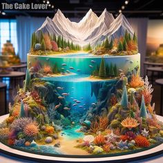 the cake is made to look like an ocean scene with fish and corals on it