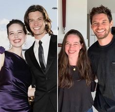 three pictures of people smiling and posing for the camera, one is wearing a black dress