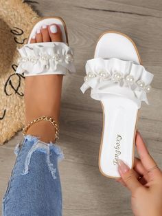 White  Collar     Embellished   Women Shoes Chic Open Toe Sandals With Ruffles, Elegant Summer Sandals With Ruffles, Summer Party Sandals With Ruffles, Summer Ruffle Open Toe Sandals, Summer Ruffled Open Toe Sandals, White Slides Sandals, Women Flat Sandals, Summer Sandals Flat, White Slides