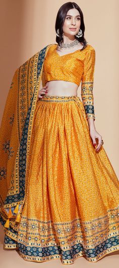 Art Silk Festive Lehenga in Yellow with Digital Print work Semi-stitched Bandhani Print Choli For Festive Occasions, Semi-stitched Orange Bandhani Traditional Wear, Orange Art Silk Traditional Wear With Bandhani Print, Orange Bandhani Print Traditional Wear In Art Silk, Festive Semi-stitched Bandhani Print Choli, Festivals Semi-stitched Sharara With Motifs, Traditional Orange Sharara With Bandhani Print, Unstitched Orange Traditional Wear With Bandhani Print, Traditional Orange Bandhani Print Sharara