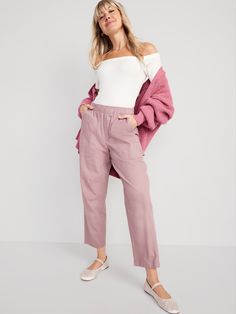 elastic waist faux fly front utility pockets back patch pockets hammer loop #745290 sits at belly button relaxed hip and thigh tapers at ankle regular inseam: 28" petite inseam: 26" tall inseam: 32" models wear sizes S (size 4), L (size 12), and XL ( Utility Pants Outfit, Pastel Pants, Utility Pockets, Utility Pants, Back Patch, Comfy Casual, Petite Size, Belly Button, Pants Outfit