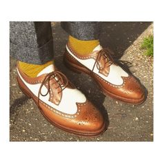 Title: New Fashion Men's Custom Made Two Tone Tan Leather & White Leather Wing Tip Lace Up Formal Brogue Party Dress Shoes Description: We are making real handmade products. Our Shoes Manufacturing Depends upon Five steps. 1. Shoe Size Tree 2. Design Maker 3. Upper Maker Man 4. Bottom Maker Man 5. Finish Man We are making all types of shoes and boots. Our shoes and boots made up of genuine leather. 1.  Upper is fully tanned Cow Hide. 2. Inner Sole is made up of Genuine Leather. 3. Lining soft ca Design Maker, Buffalo Leather, Mens Oxfords, Types Of Shoes, Cow Leather, Tan Leather, White Leather, Calf Leather, New Fashion