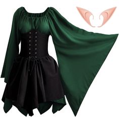 PRICES MAY VARY. Medieval Renaissance Style Costume Set: you will receive a Halloween Renaissance Irish corset skirt in dark green and black colors, a pair of long elf ears in skin color; The classic color matching makes them full of medieval and Renaissance flavor, which are suitable for Halloween dressing Size Information: the retro flared sleeve corset skirt comes in various sizes, including S, M, L, X-Large size, so you can choose proper size according to your figure; Besides, the length of Long Sleeve Corset Dress, Medieval Costume Women, Long Sleeve Corset, Irish Dress, Medieval Cosplay, Corset Skirt, Medieval Costume, Mini Dress Fashion, Medieval Dress