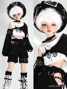 a doll with white hair wearing black and white clothes, boots and a hat on it's head