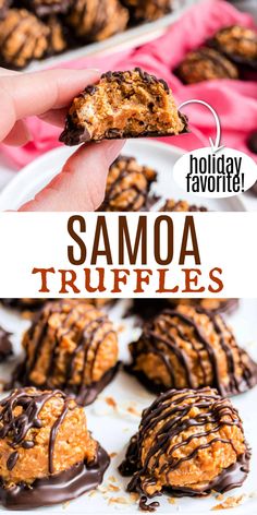 a hand holding a chocolate covered cookie with the words samoa truffles on it