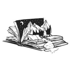 an open book with mountains in the background and stars above it, on top of a mountain