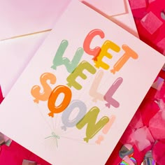 a greeting card with the words'get sell now'printed on it next to some confetti