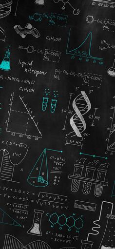 a blackboard with many different types of science diagrams on it's surface, including beaks and flasks