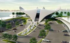 an artist's rendering of a futuristic airport with cars parked in the parking lot