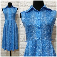 "Japanese Vintage 80s Dress, Sleeveless Collared, Semi Sheer Light Blue with White Print MEASUREMENTS: (taken along one side of garment, lying flat) Bust ~ 43cm / 17\" Waist ~ 36.8cm / 14.5\" Hips ~ 54.6cm / 21.5\" Length ~ 100.3cm / 39.5\" Bodice ~ 36.8cm / 14.5\" Shoulders ~ 35.5cm / 14\" Armhole ~ 26.5cm / 6.5\" FEATURES: ∆ Semi-sheer polyester 85%, Cotton 15% ∆ Collared neckline ∆ Button front closure all the way down ∆ Slightly stretchy fabric ∆ Non elastic waist ∆ Graduated skirt pleats in Vintage 80s Dress, Vintage Dress 80s, 80s Dress, Vintage Clothing Online, Japanese Vintage, Polka Dress, Button Down Dress, Semi Transparent, Dress Sleeveless