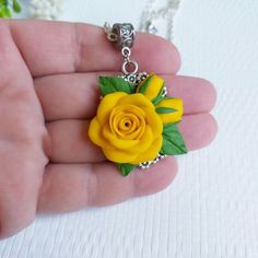 Yellow Necklace. Flower Necklace. Yellow Jewelry. Polymer clay jewelry. Gift for Her Description: material - polymer clay fimo, metal base, waxed lace. Size - length 17 inches, diameter of the pendant - 1.57 * 1.18 inches. Care - respectful, waterproof.  Delicate necklace with  rose. The rose is made by hand. Perfect jewelry for the bride. Gift for mothers day. Christmas present.  If you have any questions, write to me. Handmade Polymer Clay Jewelry With Flower Pendant, Handmade Polymer Clay Flower Pendant Jewelry, Yellow Polymer Clay Jewelry For Gifts, Handmade Yellow Polymer Clay Jewelry, Flower Charm Polymer Clay Jewelry For Gifts, Polymer Clay Jewelry With Flower Charm Gift, Flower Shaped Polymer Clay Necklaces As Gift, Flower Shape Polymer Clay Necklaces For Gifts, Flower-shaped Polymer Clay Necklace For Gift