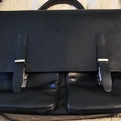 Italian Black Leather Intempo" Briefcase. It Is Sturdy, Quality Leather With Two Sections, And A Zipper Section In Between. There Is An Inside Zipper Pocket On One Side And Pen/Pencil Holders Built-In On The Other Side. There Are Two Large Pockets In The Front. There Is A Zipped Back Pocket (With Additional Zipper Access On The Bottom Of The Back Of The Bag), With A Smaller Pocket Section On Back. There Is A Pocket On Both Sides Of The Bag, One Of Those Goes Across The Lower Part Of The Back Of Leather Briefcase, Fun Bags, Italian Leather, Zipper Pocket, Black Leather, Zipper, Man Shop, Leather, Black