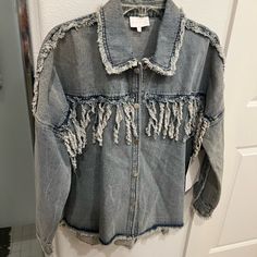 Brand New Size S Oversized Denim Entro Fringe Distressed Style Washed Jacket Also Available In A Dark Stone Grey Oversized Denim Blue Jacket With Frayed Hem, Oversized Blue Denim Jacket With Frayed Hem, Fall Washed Blue Denim Jacket With Frayed Hem, Medium Wash Denim Top With Frayed Hem For Fall, Fall Medium Wash Denim Top With Frayed Hem, Trendy Washed Blue Outerwear With Frayed Hem, Fall Denim Top With Frayed Hem In Medium Wash, Spring Denim Jacket With Fringe, Oversized Distressed Denim Top